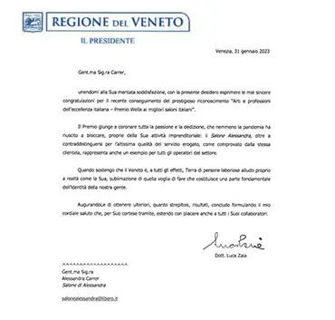 La Lettere del Presidente della Regione Veneto a Alessandra Carrer